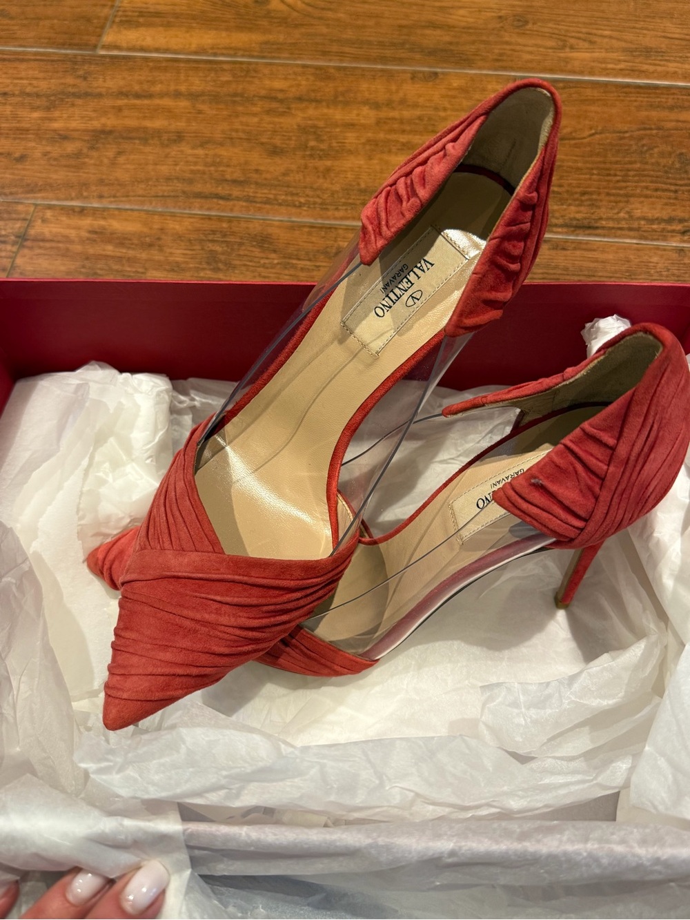 Valentino Red Ruched Pointed-Toe Pumps with Clear Side Panels